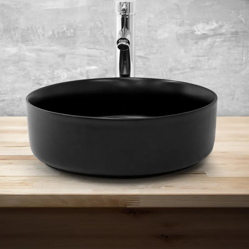 Waschbecken Rund ohne Überlauf Ø 36x12 cm Schwarz aus Keramik ML-Design-ECD Germany