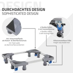 Waschmaschinen Untergestell Podest 43-66 cm x 38-66 cm verstellbare Maße mit Rollen in Grau ML-Design-ECD Germany Hot
