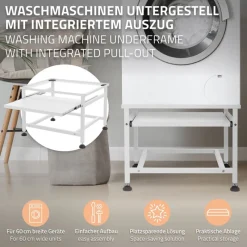 Waschmaschinen Untergestell Unterschrank 62,5x53,5x45 cm mit ausziehbarer Ablage in Weiß ML-Design-ECD Germany Clearance