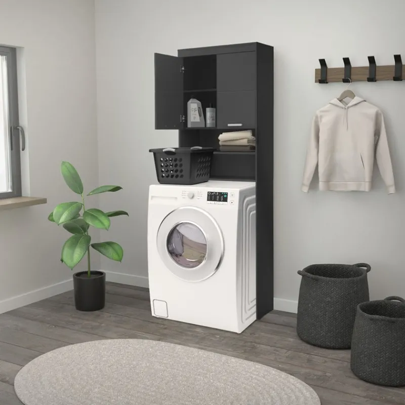Waschmaschinenschrank Waschmaschinen Regal 63x24x187,5 cm mit 2 Türen und 2 Ablagen in Dunkelgrau ML-Design-ECD Germany Sale