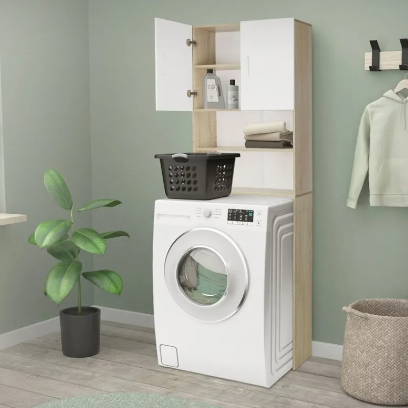Waschmaschinenschrank Waschmaschinen Regal 62,5x25x190 cm mit 2 Türen und 2 Ablagen in Weiß/Sonoma Eiche ML-Design-ECD Germany Discount