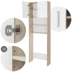 Waschmaschinenschrank Waschmaschinen Regal 62,5x25x190 cm mit 2 Türen und 2 Ablagen in Weiß/Sonoma Eiche ML-Design-ECD Germany Discount
