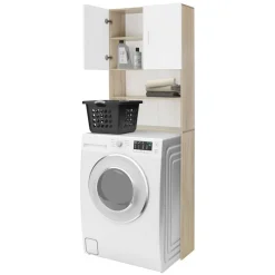 Waschmaschinenschrank Waschmaschinen Regal 62,5x25x190 cm mit 2 Türen und 2 Ablagen in Weiß/Sonoma Eiche ML-Design-ECD Germany Discount