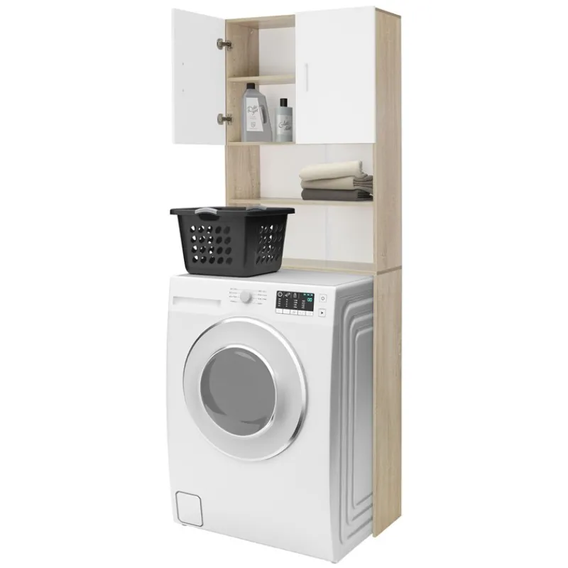 Waschmaschinenschrank Waschmaschinen Regal 62,5x25x190 cm mit 2 Türen und 2 Ablagen in Weiß/Sonoma Eiche ML-Design-ECD Germany Discount
