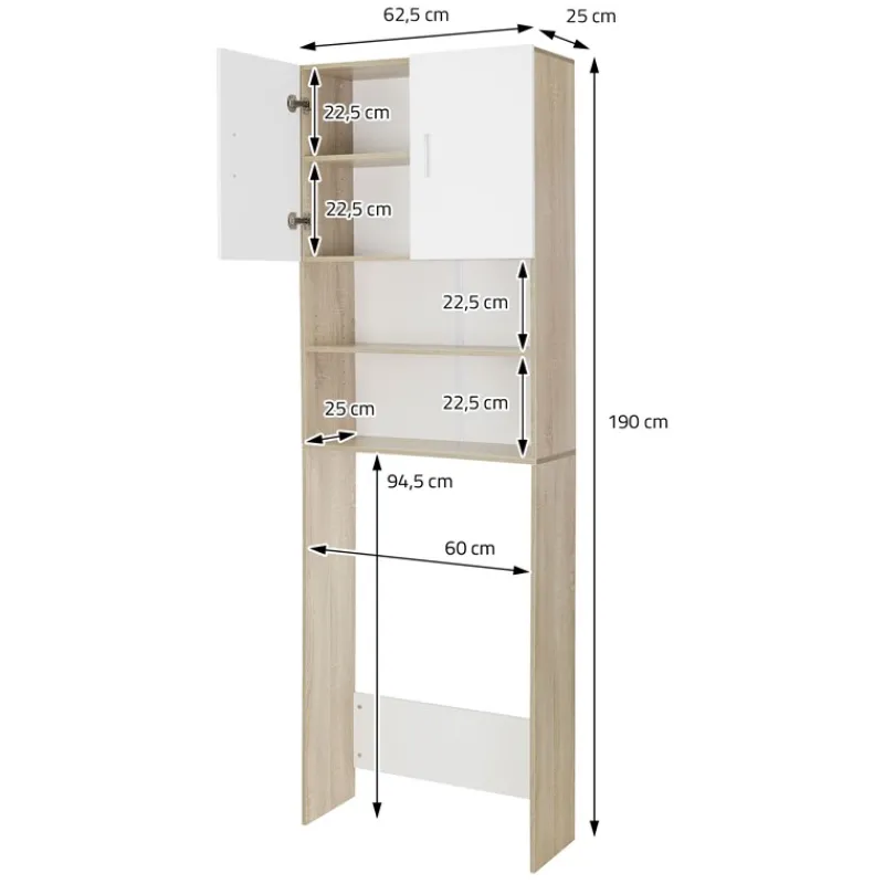 Waschmaschinenschrank Waschmaschinen Regal 62,5x25x190 cm mit 2 Türen und 2 Ablagen in Weiß/Sonoma Eiche ML-Design-ECD Germany Discount