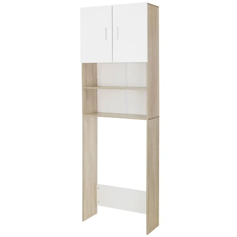 Waschmaschinenschrank Waschmaschinen Regal 62,5x25x190 cm mit 2 Türen und 2 Ablagen in Weiß/Sonoma Eiche ML-Design-ECD Germany Discount
