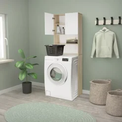 Waschmaschinenschrank Waschmaschinen Regal 62,5x25x190 cm mit 2 Türen und 2 Ablagen in Weiß/Sonoma Eiche ML-Design-ECD Germany Discount