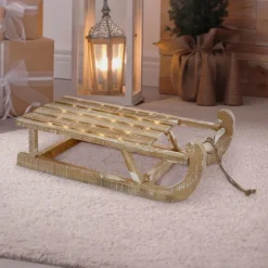 Weihnachtsdeko Schlitten 50,5x13,5x23,5 cm braun aus Holz mit LED-ECD Germany Best