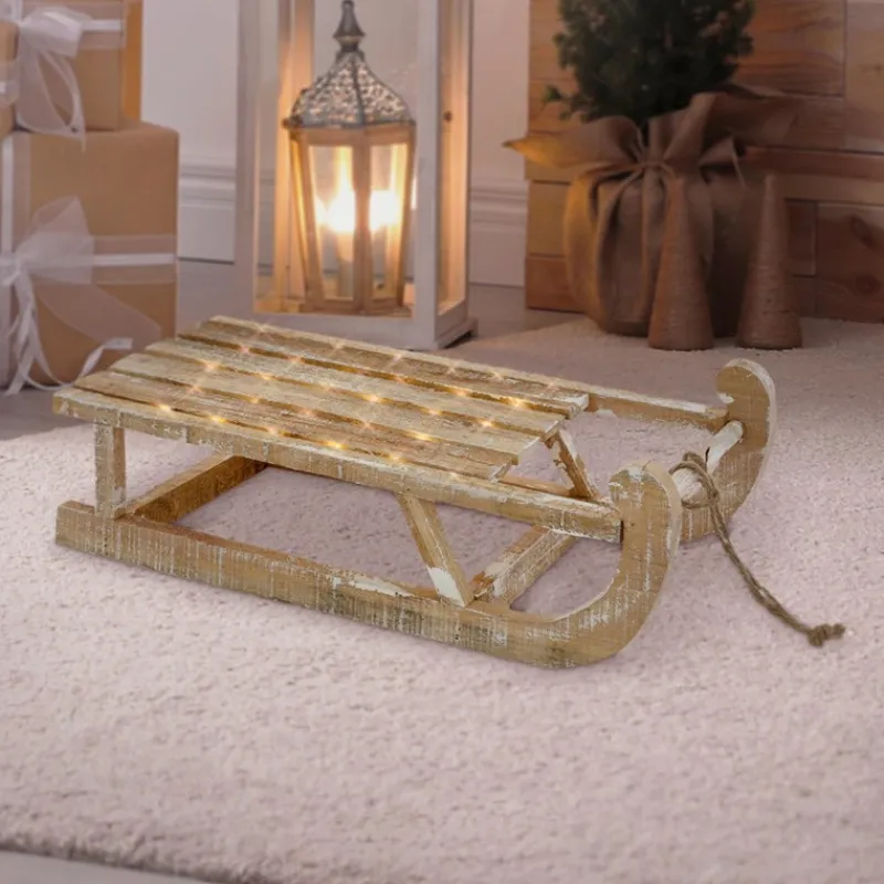 Weihnachtsdeko Schlitten 50,5x13,5x23,5 cm braun aus Holz mit LED-ECD Germany Best