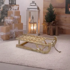 Weihnachtsdeko Schlitten 50,5x13,5x23,5 cm braun aus Holz mit LED-ECD Germany Best