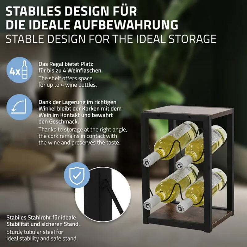 Weinregal für 4 Flaschen 37,5 cm hoch freistehendes Vintage Flaschenregal aus Holz & Stahl ML-Design-ECD Germany