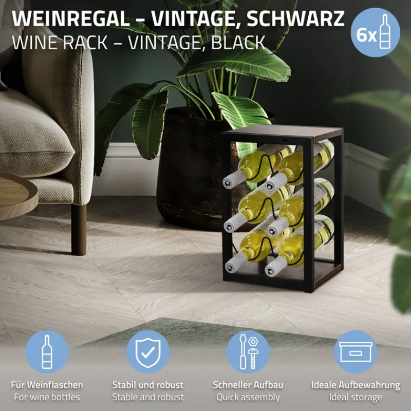 Weinregal für 6 Flaschen 24x21x37,5 cm Schwarz/Holzoptik aus Metall und MDF ML-Design-ECD Germany Discount