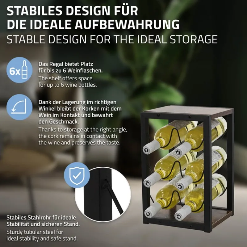 Weinregal für 6 Flaschen 24x21x37,5 cm Schwarz/Holzoptik aus Metall und MDF ML-Design-ECD Germany Discount