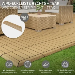 WPC Abschlussleiste 38x2x7,5 cm für WPC Bodenfliese Ecke rechts Teak ML-Design-ECD Germany New