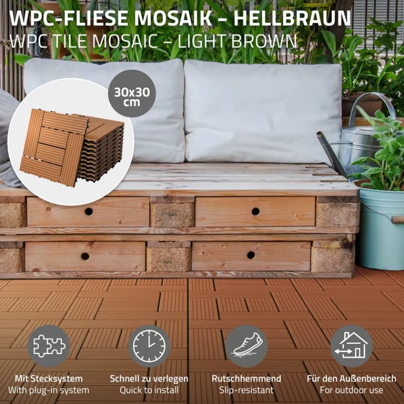 WPC Terrassenfliesen 30x30 cm 11er Set für 1m² Anthrazit in Holzoptik Mosaik mit Drainage und Klicksystem-ECD Germany Best