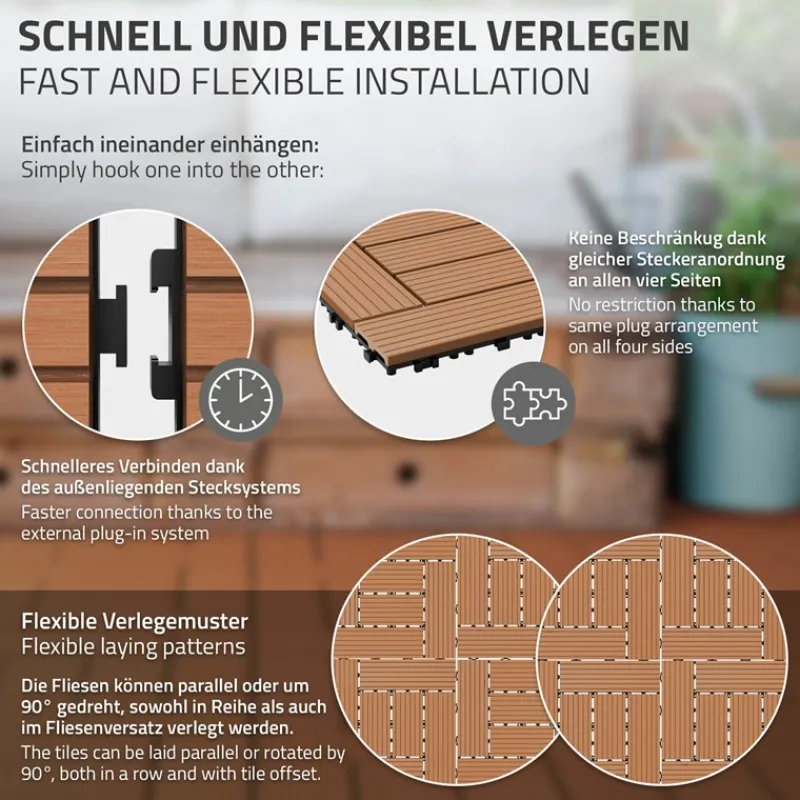 WPC Terrassenfliesen 30x30 cm 11er Set für 1m² Anthrazit in Holzoptik Mosaik mit Drainage und Klicksystem-ECD Germany Best