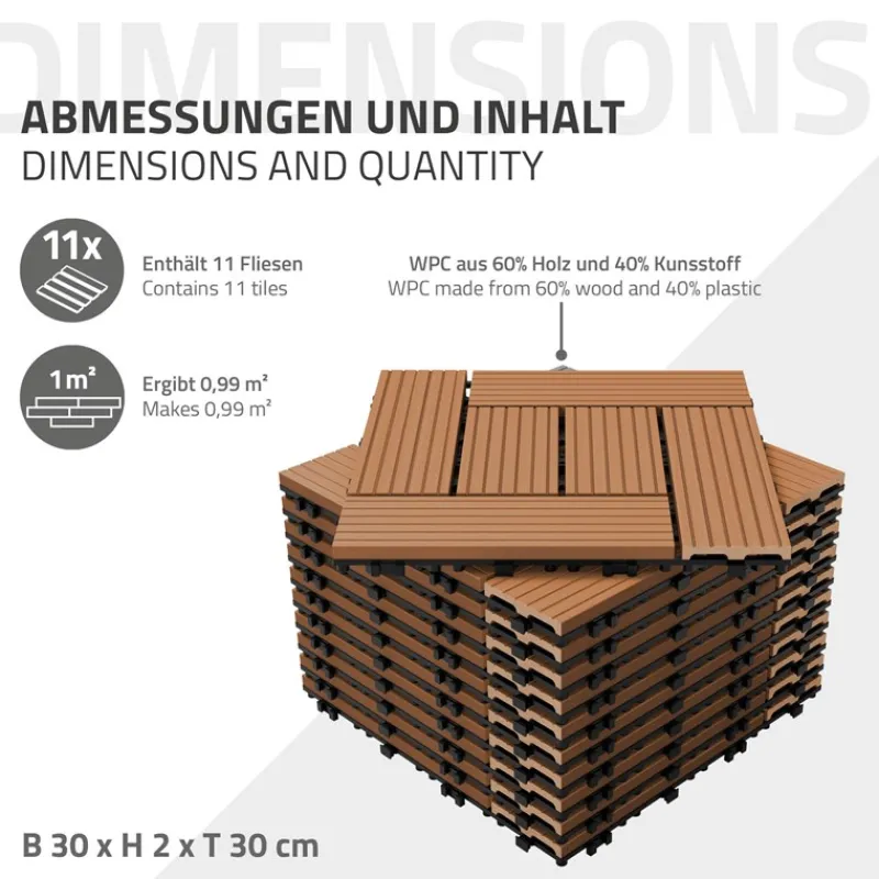 WPC Terrassenfliesen 30x30 cm 11er Set für 1m² Anthrazit in Holzoptik Mosaik mit Drainage und Klicksystem-ECD Germany Best
