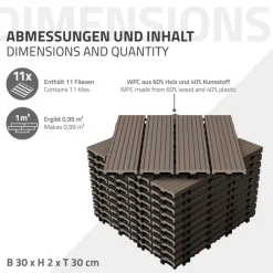 WPC Terrassenfliesen 30x30 cm 22er Set für 2m² Dunkelbraun in Holzoptik Balkon Bodenbelag mit Drainage und Klicksystem Terrassendielen Balkonfliesen-ECD Germany Clearance