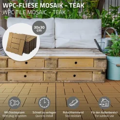 WPC Terrassenfliesen 30x30 cm 11er Set für 1m² Teak in Holzoptik Mosaik mit Drainage und Klicksystem-ECD Germany Best