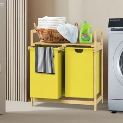 Wäschekorb Wäschesammler aus Bambus mit zwei Fächern in Gelb 2x30 Liter ML-Design-ECD Germany Outlet