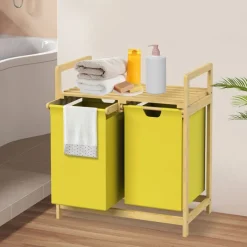 Wäschekorb Wäschesammler aus Bambus mit zwei Fächern in Gelb 2x30 Liter ML-Design-ECD Germany Outlet