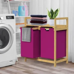 Wäschekorb Wäschesammler aus Bambus mit zwei Fächern in Magenta 2x30 Liter ML-Design-ECD Germany
