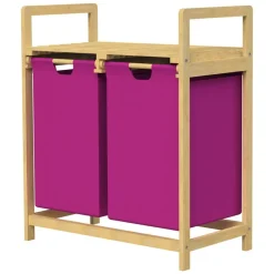 Wäschekorb Wäschesammler aus Bambus mit zwei Fächern in Magenta 2x30 Liter ML-Design-ECD Germany