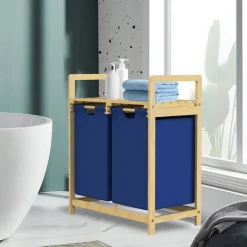 Wäschekorb Wäschesammler aus Bambus mit zwei Fächern in Dunkelblau 2x30 Liter ML-Design-ECD Germany