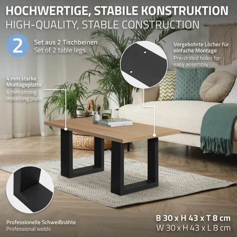 2x Tischbeine Bankkufen aus Vierkantprofilen 30x43 cm Schwarz pulverbeschichtete Stahl-ECD Germany Outlet