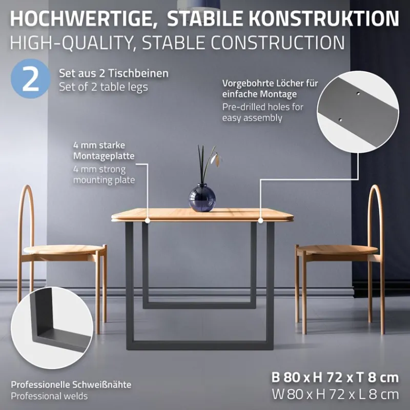 2x Tischbeine Tischkufen aus Vierkantprofilen 80x72 cm Anthrazit pulverbeschichtete Stahl-ECD Germany