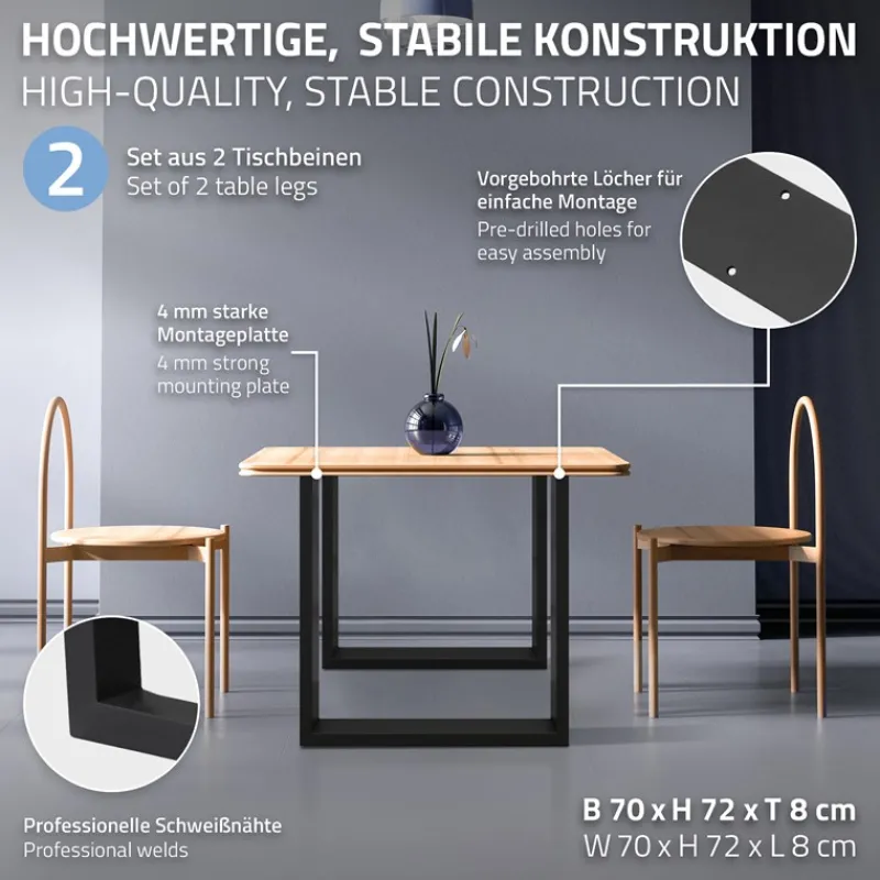 2x Tischbeine Tischkufen aus Vierkantprofilen 70x72 cm Schwarz, pulverbeschichtete Stahl-ECD Germany Outlet