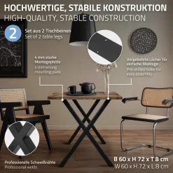 2x Tischbeine X-Design 60x72 cm Schwarz pulverbeschichtete Stahl DIY Tischuntergestell-ECD Germany New