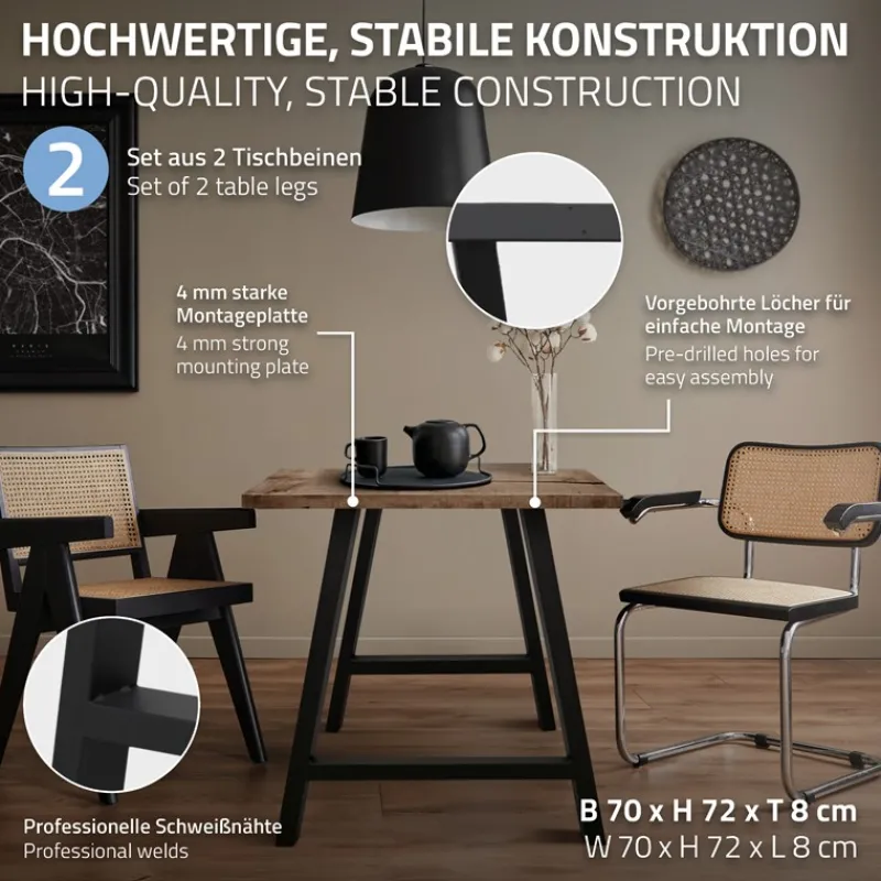 2x Tischkufen A-Form 70x72 cm Schwarz aus pulverbeschichtetem Stahl Tischgestell für Esstisch und Schreibtisch-ECD Germany Best