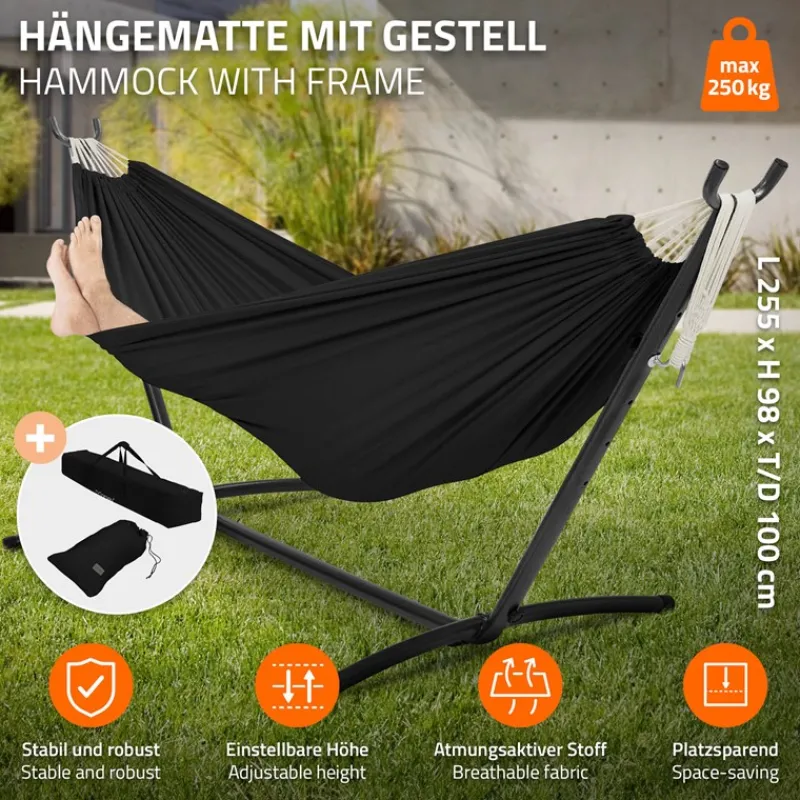 XXL Hängematte mit Stahlgestell bis 250 kg Schwarz inkl. Tragetasche ML-Design-ECD Germany Online