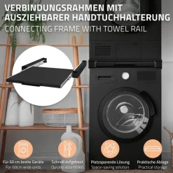 Zwischenbaurahmen für Waschmaschine Verbindungsrahmen mit ausziehbarer Ablage 60x60 cm in Schwarz ML-Design-ECD Germany Hot