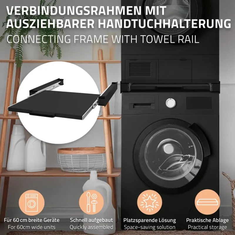 Zwischenbaurahmen für Waschmaschine Verbindungsrahmen mit ausziehbarer Ablage 60x60 cm in Schwarz ML-Design-ECD Germany Hot