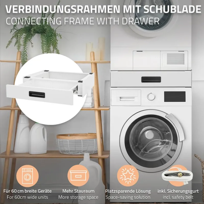 Zwischenbaurahmen für Waschmaschine Verbindungsrahmen mit Schublade 60,5x54 cm in Weiß ML-Design-ECD Germany Online