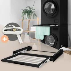 Zwischenbaurahmen für Waschmaschine Verbindungsrahmen mit ausziehbarer Wäscheleine 60,5x54,5 cm in Schwarz ML-Design-ECD Germany Clearance