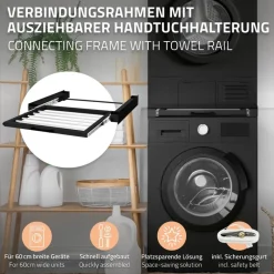 Zwischenbaurahmen für Waschmaschine Verbindungsrahmen mit ausziehbarer Wäscheleine 60,5x54,5 cm in Schwarz ML-Design-ECD Germany Clearance